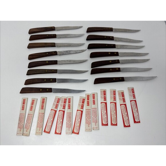 Vintage Quikut 15pc Wood Brown Handle Serrated Blade Steak Knife Set LOT OF 15 - Picture 2 of 8